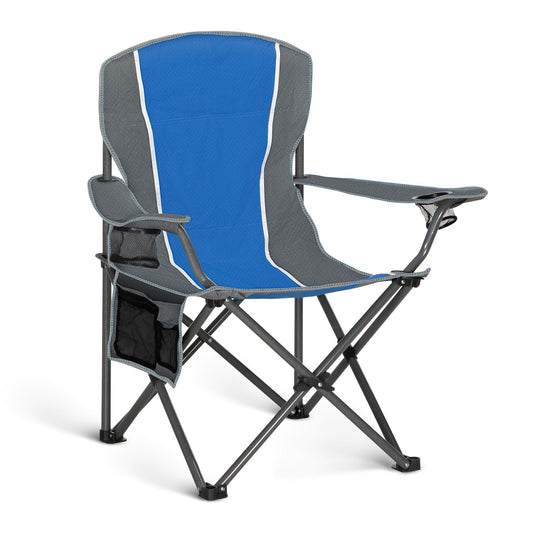 HIGH POINT SPORTS Folding Camping Chair, Fishing Chair, Foldable, Supports up to 160 kg, with Armrest, Drink Holder, Steel Frame, Portable Camp Chair, Blue.