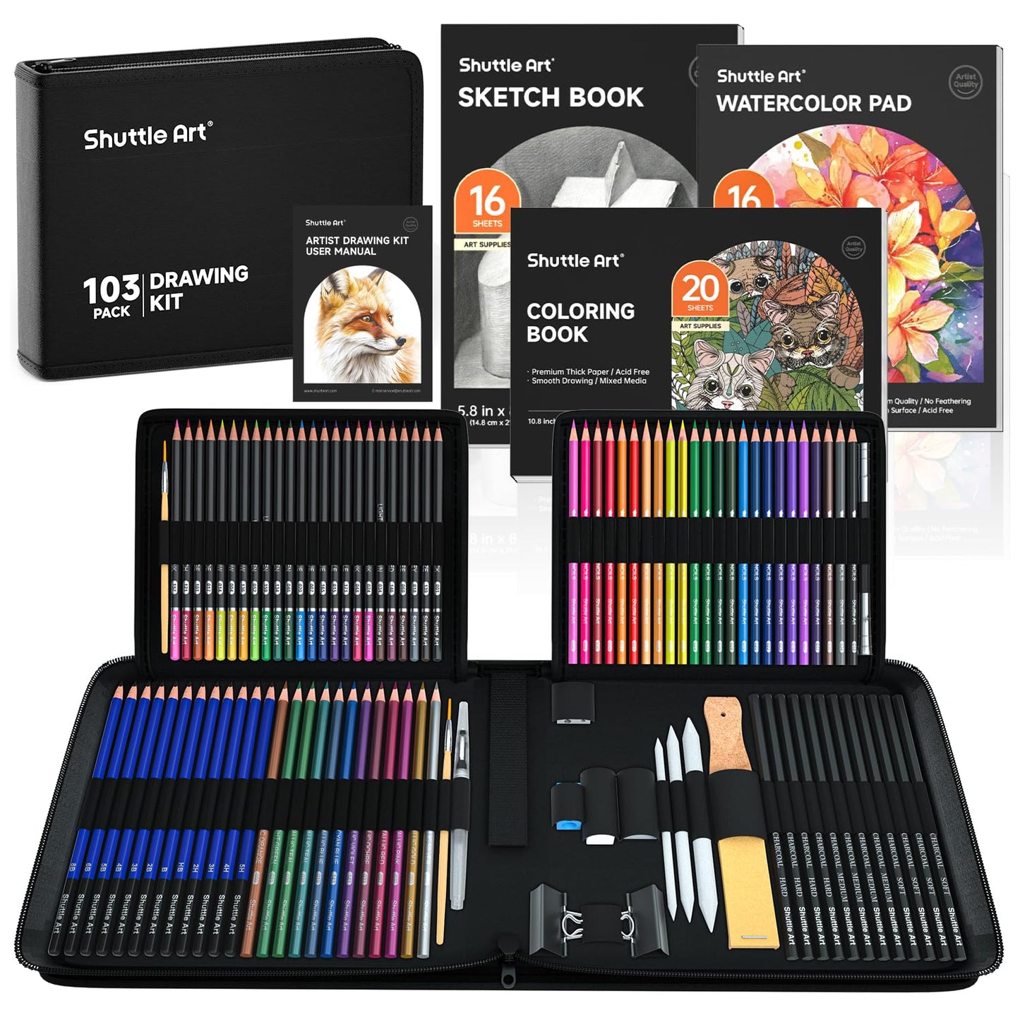 Shuttle Art 103 piece drawing set, artist set with colored pencils, drawing pencils, watercolor pencils and graphite pencils in a pencil case, suitable for children, adults for drawing.