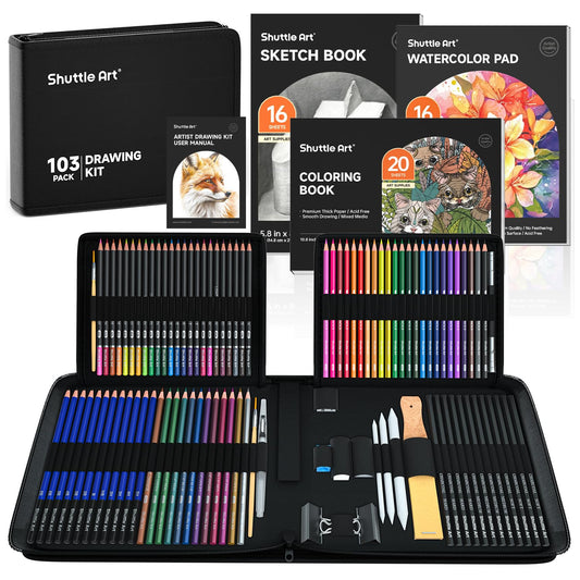 Shuttle Art 103 piece drawing set, artist set with colored pencils, drawing pencils, watercolor pencils and graphite pencils in a pencil case, suitable for children, adults for drawing.
