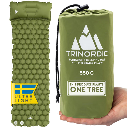 TRINORDIC 550g Ultralight Inflatable Sleeping Pad - With Inflatable Pillow - Camping Mattress with Small Pack Size for Outdoor, Camping, Hiking & Bikepacking