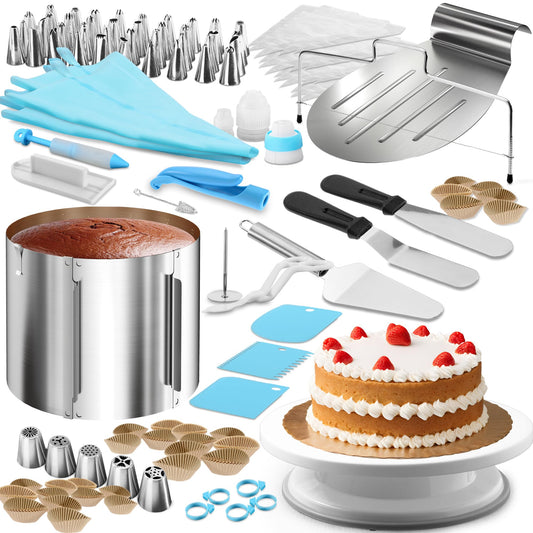 4smile Cake Decorating Set 144 pieces - adjustable cake ring high 20 cm + cake cutter + cake lifter + spreading tool + rotating cake plate + XXL cake decoration set