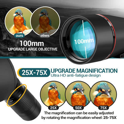 25-75X 100MM Spotting Scope for sports shooting hunting bird watching IPX7 waterproof FMC BAK4 prism with tripod phone adapter Black