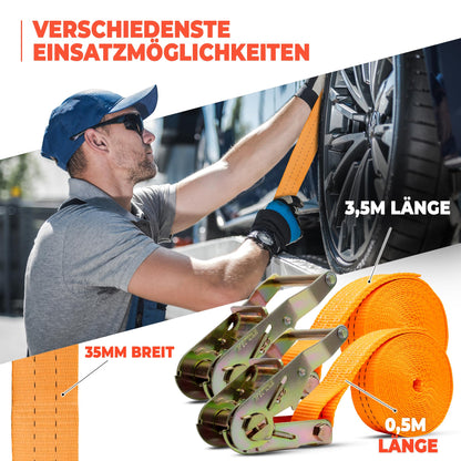 10 pieces of tie-down straps, 4m long, 2t (2000 daN, KG) - TUV/GS tested - one-piece, 35mm wide with galvanized steel ratchet - sturdy & weatherproof -