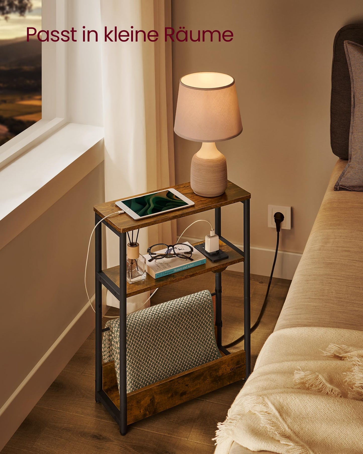 VASAGLE slim side table, nightstand with drawer, small coffee table, 3 shelves, magazine holder, for living room, bedroom, study, vintage brown-ink black LET335K02