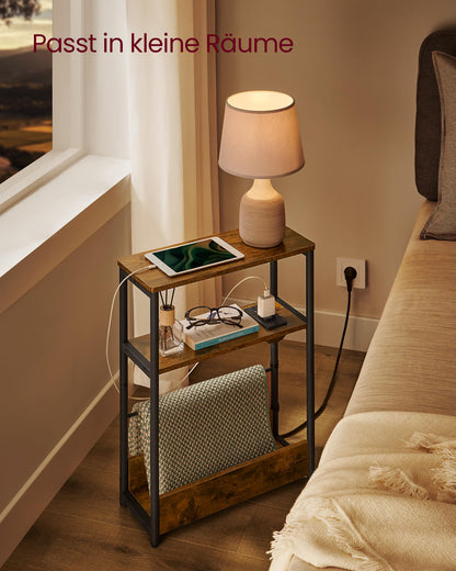 VASAGLE slim side table, nightstand with drawer, small coffee table, 3 shelves, magazine holder, for living room, bedroom, study, vintage brown-ink black LET335K02
