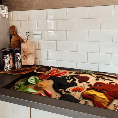 KitchenYeah© Induction stove cover protection mat kitchen stove cover induction mat ceramic hob cover herbs - spices - world map - brown - spoon - kitchen - 83x51 cm