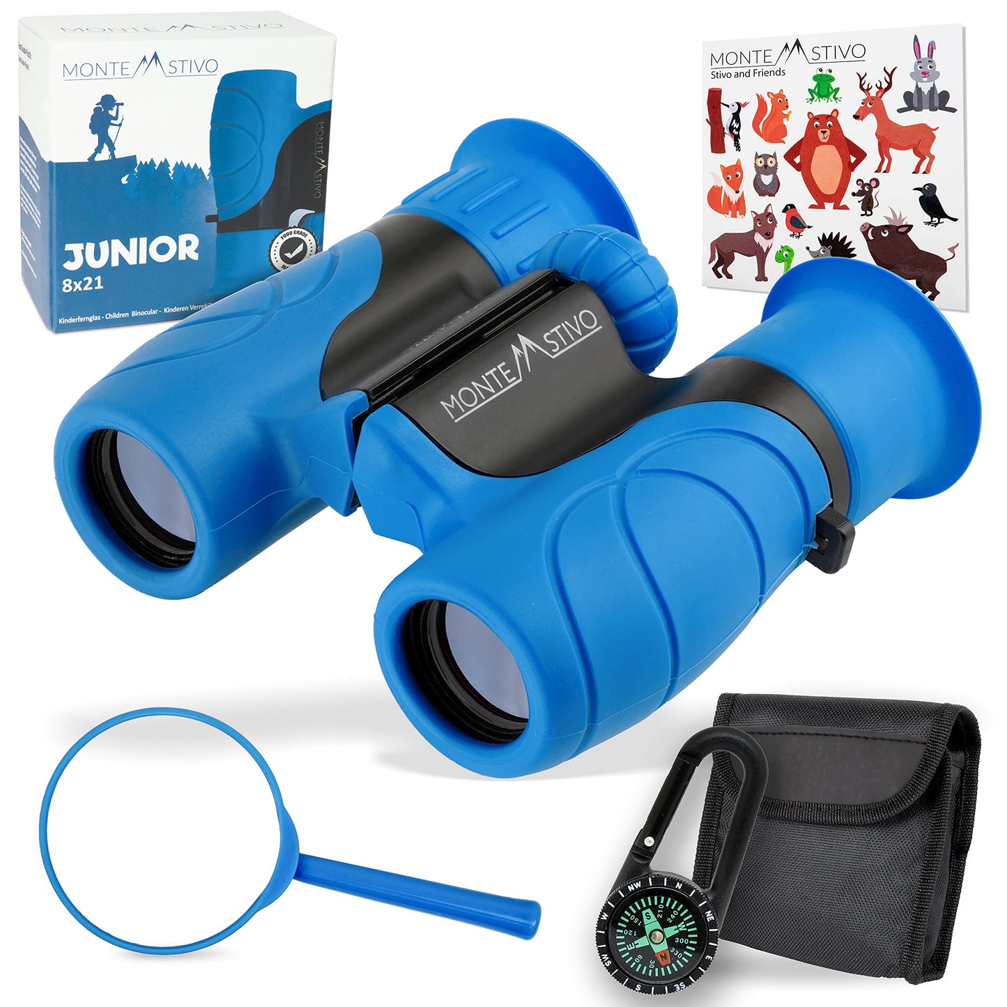 Monte Stivo® Junior | Award-winning binoculars for children 8x21 with magnifying glass & compass | Toy set for boys and girls aged 4 years and up.