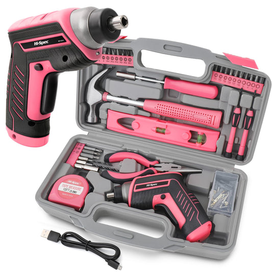Hi-Spec 35-piece pink home DIY tool set with rechargeable USB drill. Ideal for repairs and maintenance in a convenient tool box - perfect for women and girls.