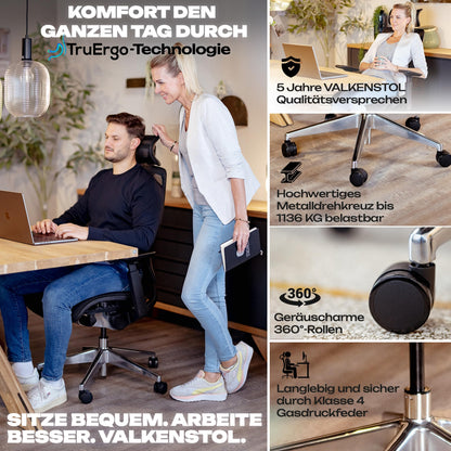VALKENSTOL M6 Office Chair Ergonomic Winner | Large People Desk Chair | Cushioned Seat Office Chair with Adaptive Lumbar Support and Adjustable Backrest for Healthy Sitting Executive Chair