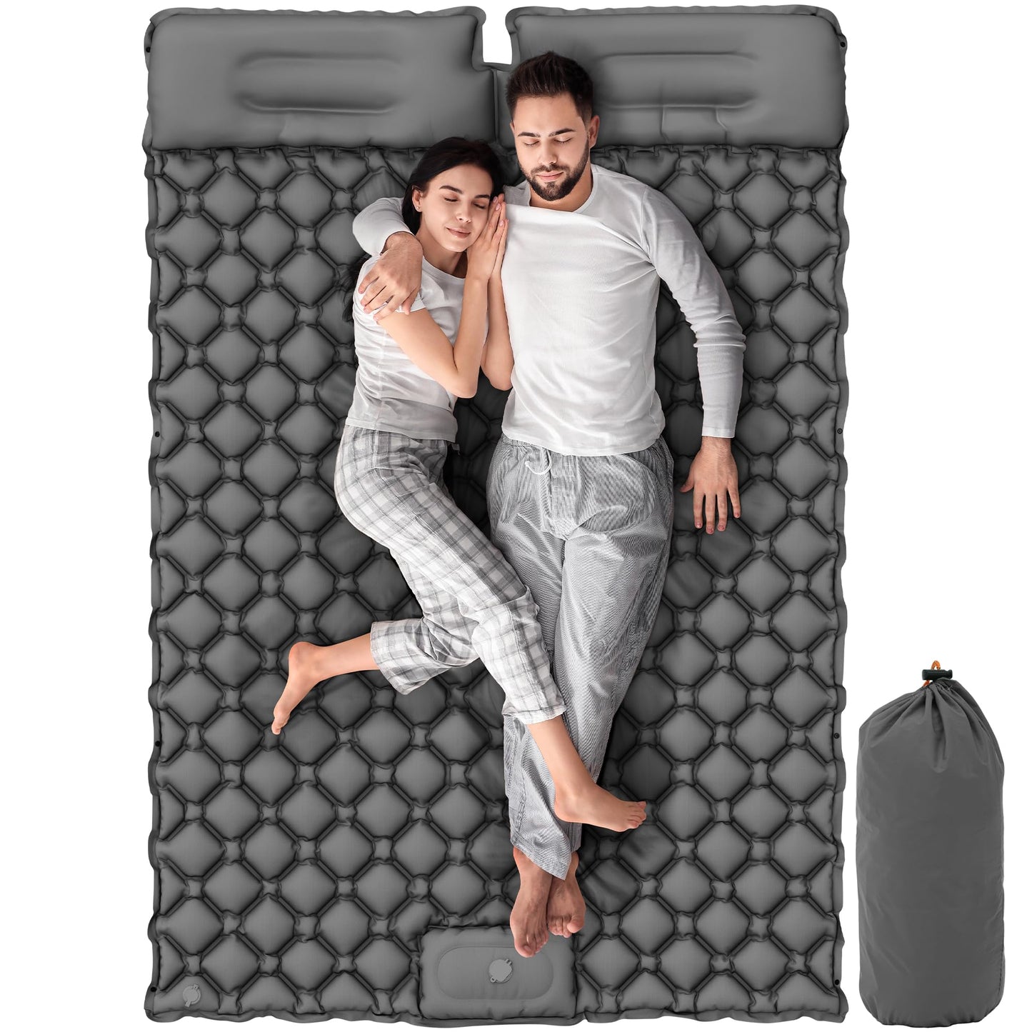YITAHOME self-inflating sleeping pad for 2 people, 195x120, ultralight camping air mattress with built-in pump and pillow. Comes with carrying bag and foot pump for travel. (Dark Grey)