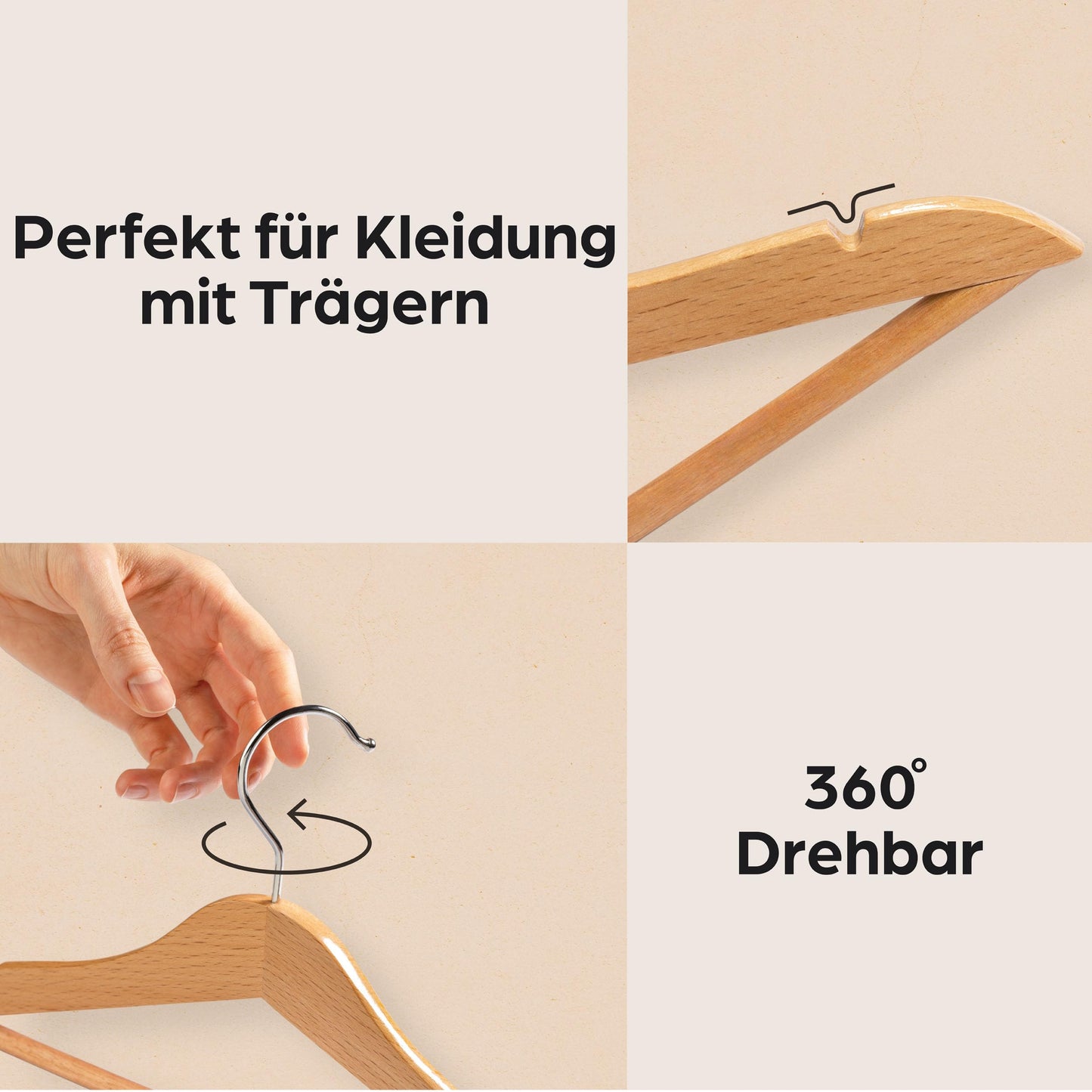 Praknu children's clothes hangers made of wood with hooks 360° rotatable - set of 10 - sturdy natural beech wood FSC® - perfect organization for children's clothing - children's clothes hangers.