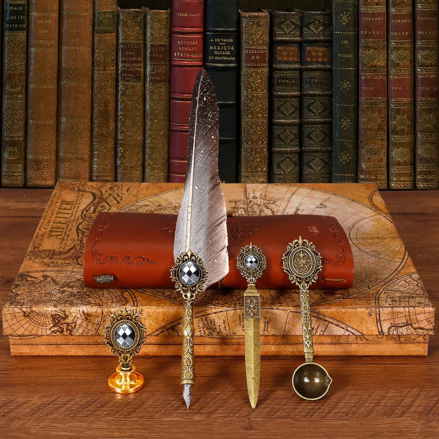 MPRINCE Feather Calligraphy Set - Quill Pen and Ink, Notebook, Wax Seal Stamp - Beautiful Gift Set in Gray.