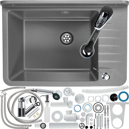 GOSPO Polypropylene sink, 50.5 x 34 x 26.5 cm, with faucet, siphon, soap dispenser, household utility sink (Grey)