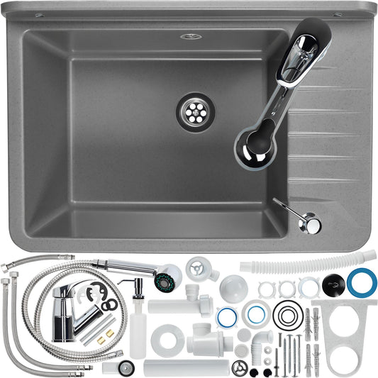 GOSPO Polypropylene sink, 50.5 x 34 x 26.5 cm, with faucet, siphon, soap dispenser, household utility sink (Grey)