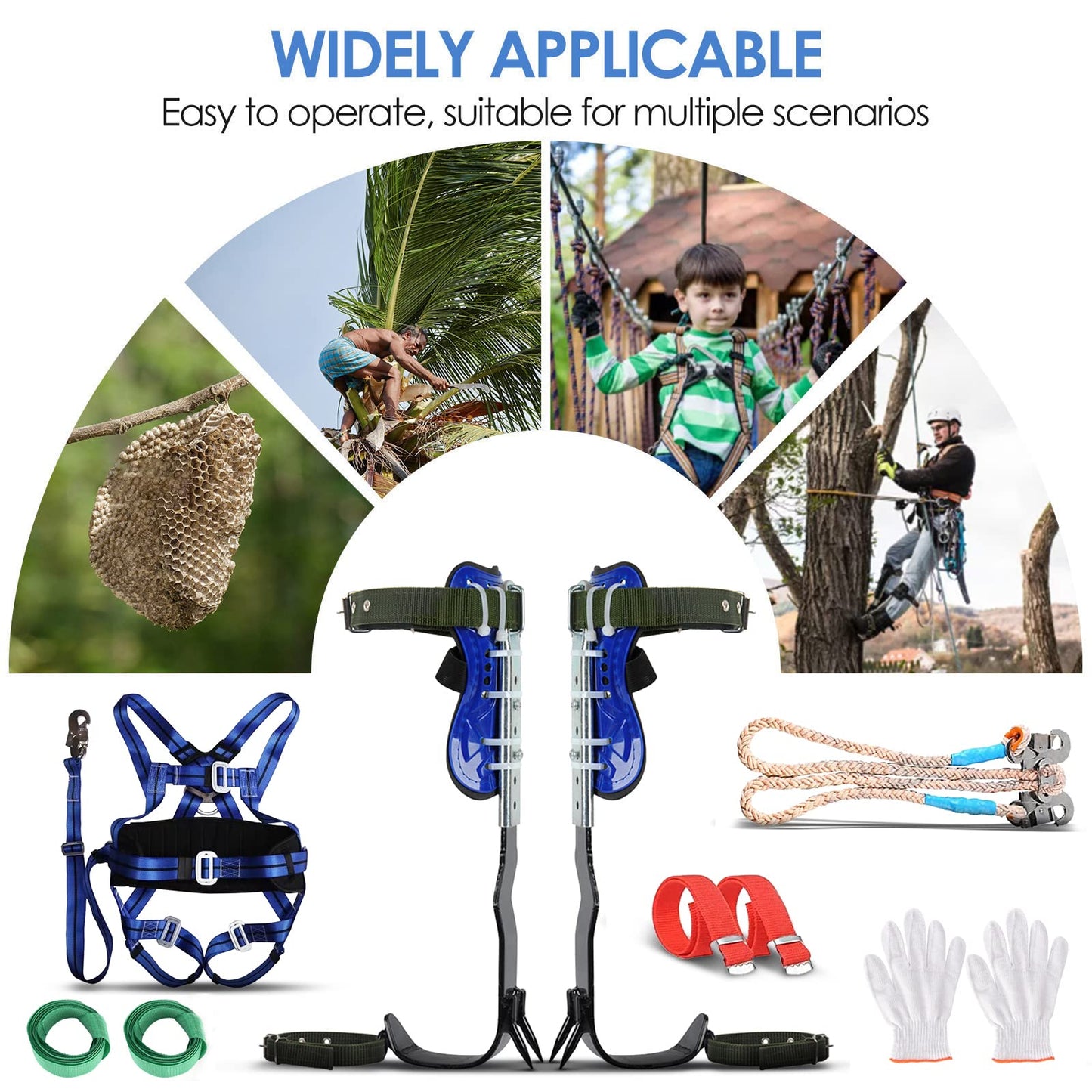Hellooo Tree Climbing Equipment Set, Height Adjustable Tree Climbing Spikes, Safety Harness Climbing Gear, Tree Climbing Spike Tree Climbing Tool Safety Belt Fall Protection