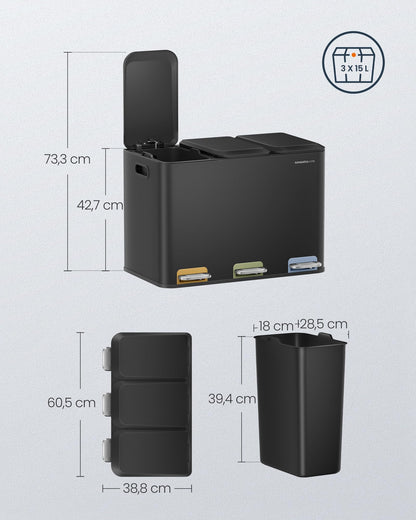 SONGMICS HOME Kitchen Trash Can, 3 x 15 L Compartments, Waste Bin with color-coded pedals, Recycling System, with lids and inner buckets, Steel, ink black LTB740B02V1