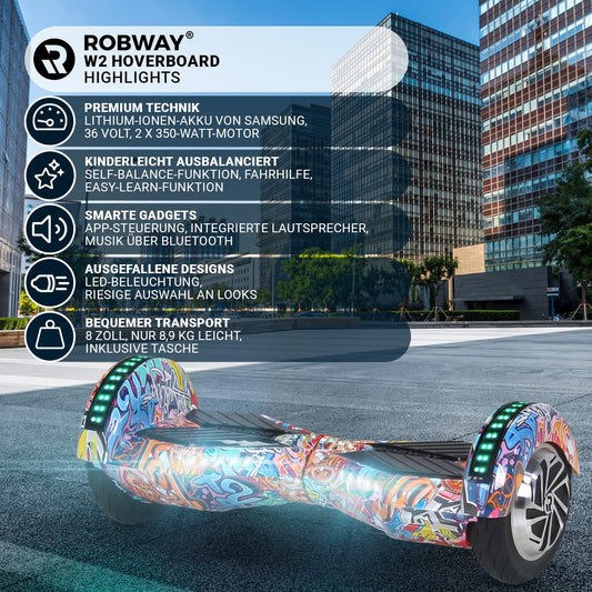 Robway W2 Hoverboard | 𝐃𝐀𝐒 𝐎𝐑𝐈𝐆𝐈𝐍𝐀𝐋 ® Hoverboards for kids, teens & adults - APP control - 𝟮 x 𝟯𝟝𝟢 Watt motors - Self-Balance function - Bluetooth (Matte Black)