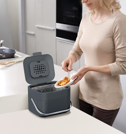 Joseph Joseph Stack 4 - Kitchen Compost Bin, Organic Waste Bin with Odor Filter and Lid, Plastic, 4 Liters, Graphite