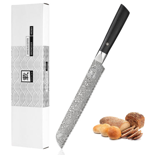 Zayiko Black Edition Damascus Bread Knife I 20 cm serrated blade made of 67 layers of Damascus steel I ergonomic Pakka wood handle I professional kitchen knife for bread, crusts & baked goods I comes in an elegant gift box.