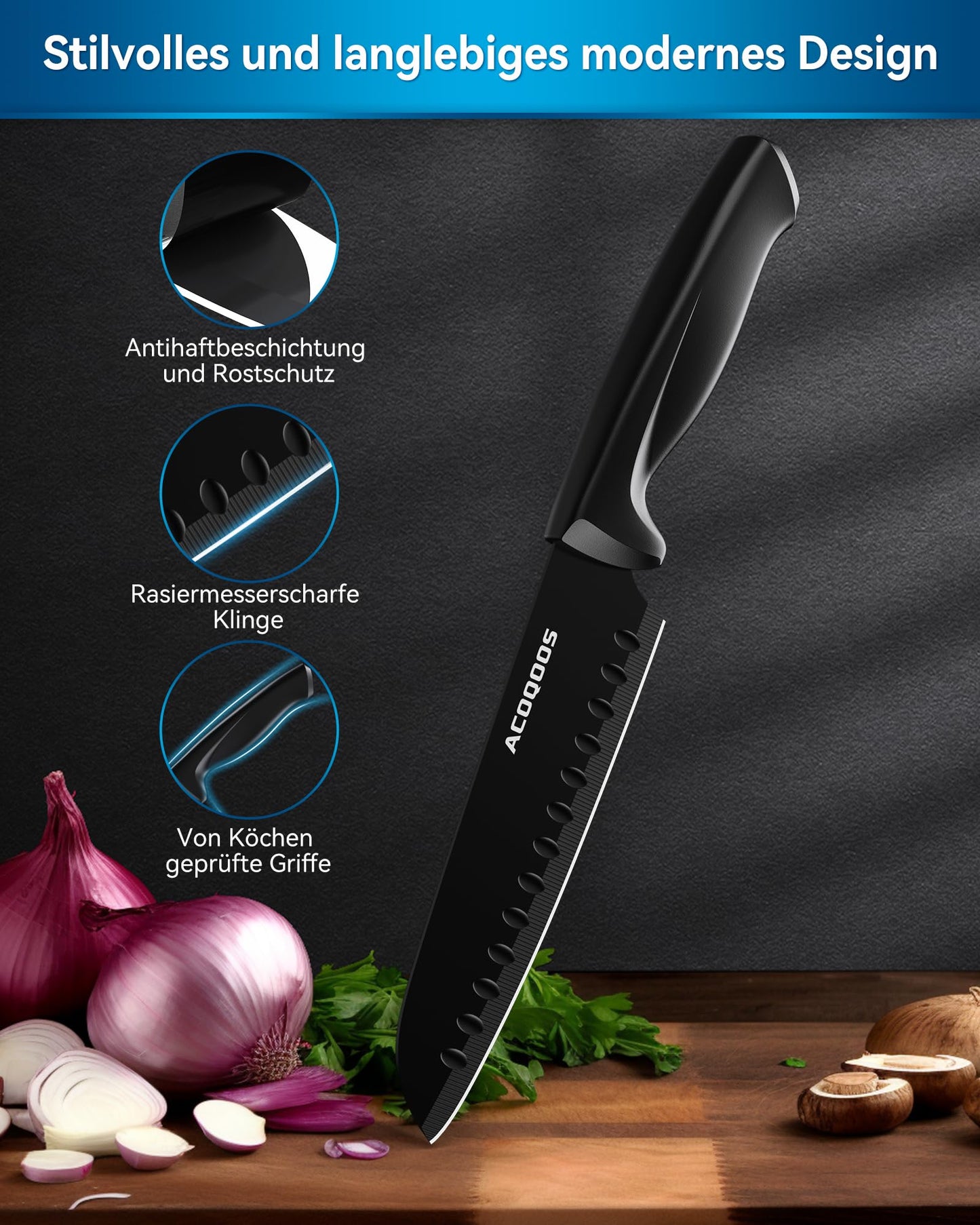 ACOQOOS Knife Block with 10 Pieces of Knives, Knife Set with Built-in Sharpener for Kitchen Use - Black kitchen knife Set