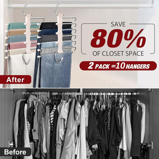 Space-saving 5 IN 1 pants hanger made of stainless steel, extendable for pants, scarfs, jeans, clothing, and towels. Set of 4 - rustproof steel.