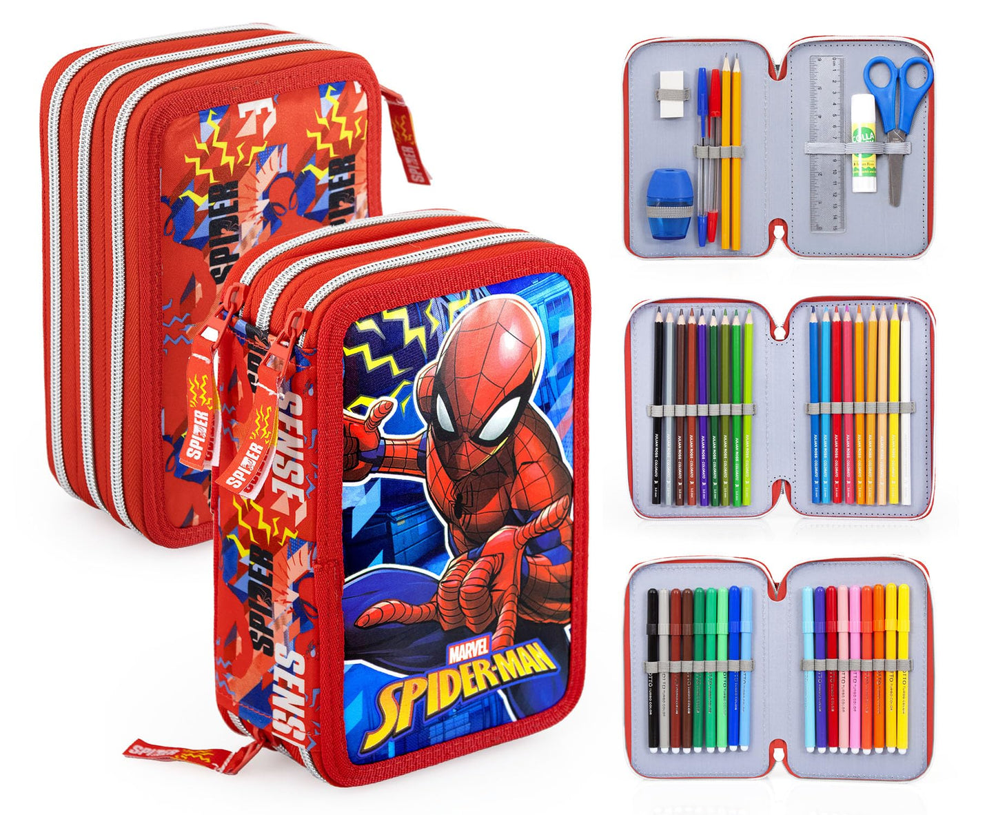 Clondo Boys 3-compartment pencil case for Spiderman fans - 45-piece, fully stocked - with scissors, glue, colored pencils 3.0 - Red - ideal for school & as a gift