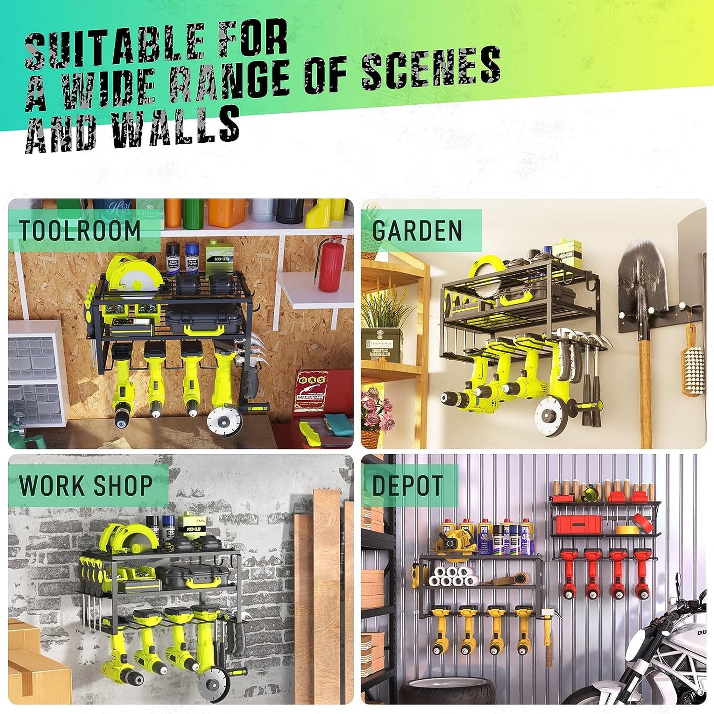 WELDUN Tool Storage Wall Mount Impact Drill & Screwdriver Tool Rack for 4 Power Tools, 3-tier Tool Stand with side Screwdriver Holder for Garage, Workshop