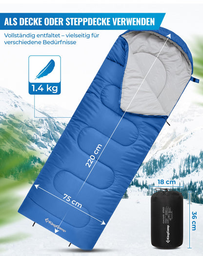 KingCamp Oasis sleeping bags with headrest for adults. Lightweight, 3 seasons, Blue, 220 × 75 cm.