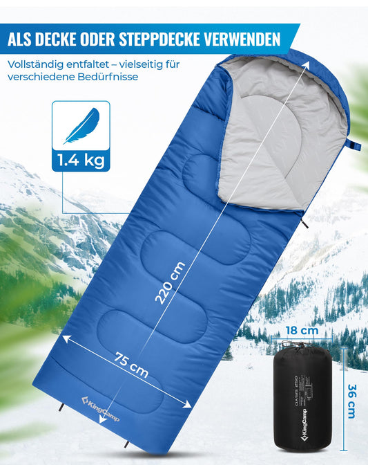 KingCamp Oasis sleeping bags with headrest for adults. Lightweight, 3 seasons, Blue, 220 × 75 cm.