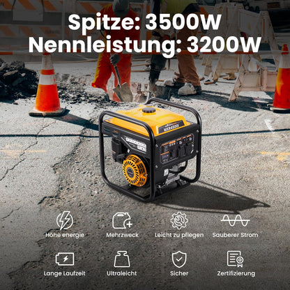 maXpeedingrods Inverter Power Generator 3500W Gasoline 4 Stroke with two 230V sockets Quiet and lightweight as emergency power supply for home, garage, workshop, and construction site.