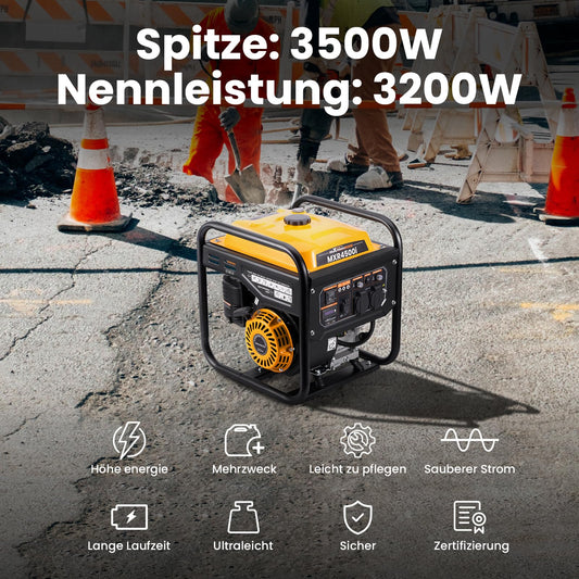 maXpeedingrods Inverter Power Generator 3500W Gasoline 4 Stroke with two 230V sockets Quiet and lightweight as emergency power supply for home, garage, workshop, and construction site.