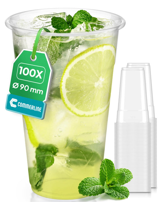 Commerline 100 Piece Plastic Cups 0.5L Drinking Cups, Plastic Transparent Cups, Party Cups, Plastic Cups, Water Cups Dispensing Cups