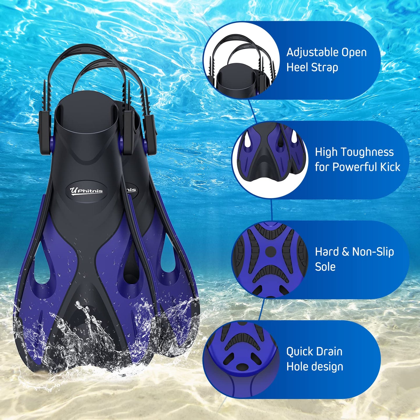 UPhitnis snorkel set for kids with fins, anti-fog 180° panoramic dive mask, adjustable flippers, and premium dry snorkel - 3 in 1 set with carrying bag