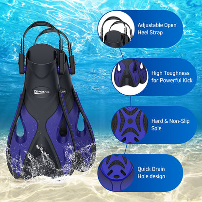 UPhitnis snorkel set for kids with fins, anti-fog 180° panoramic dive mask, adjustable flippers, and premium dry snorkel - 3 in 1 set with carrying bag