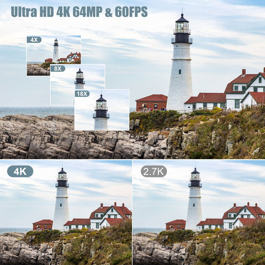 4K video camera camcorder 60FPS 64MP 18X digital zoom auto focus vlogging camera for YouTube, 4.0" touch screen HD WiFi video camera with 4500mAh battery, 64G SD card, stabilizer, microphone, and remote.