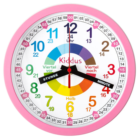 Kiddus Kids Wall Clock, Boys and Girls, Analog Learning Clock with Time Teaching Exercises, Children's Clock No Ticking, Silent Kids Room, School, Clock Hands