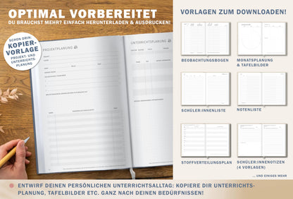 One of the good teacher planners 2025/2026, A4 teacher planner, 1 double page per week, academic planner for school year 25/26, hardcover blue pink flowers, sustainable & climate-neutral.