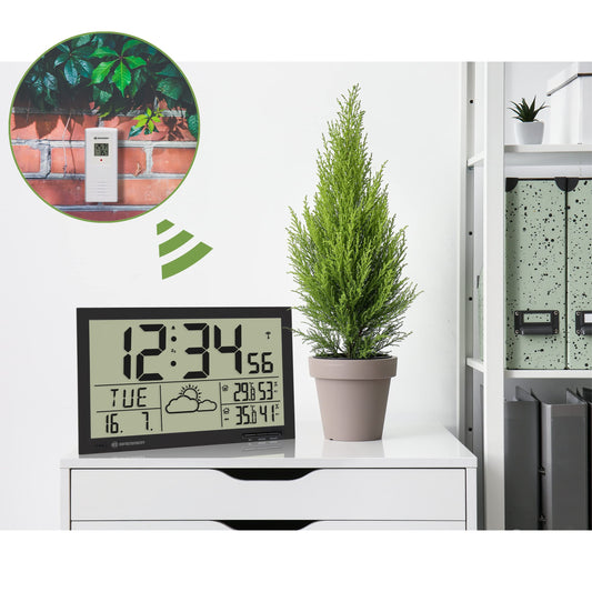 Bresser weather station with outdoor sensor MyTime Jumbo LCD weather wall clock with outdoor sensor and extra large digits for table and wall mounting, black.