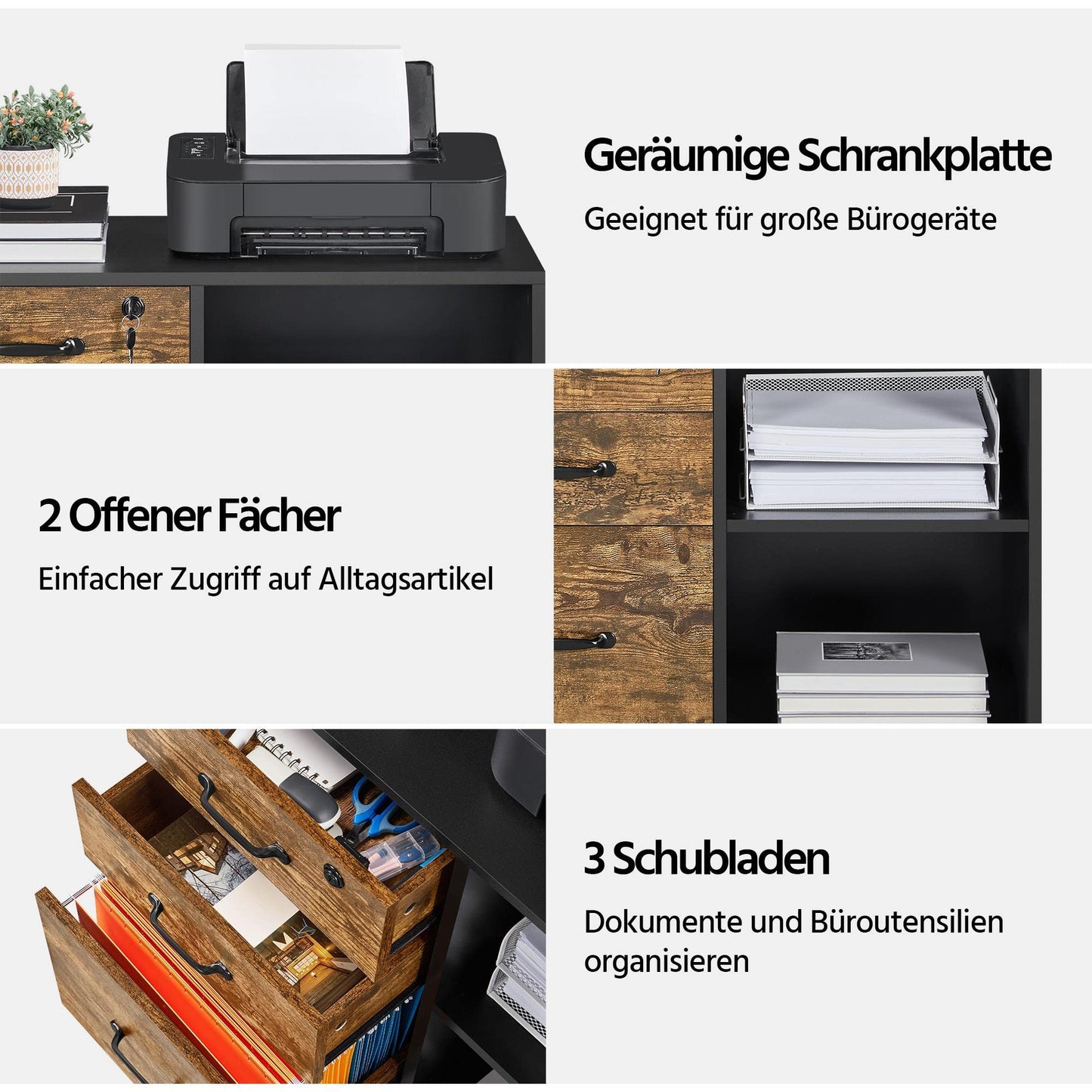 Yaheetech rolling file cabinet, office cabinet with 5 wheels, 3 drawers and 2 open compartments, industrial design, for documents, vintage brown-black.