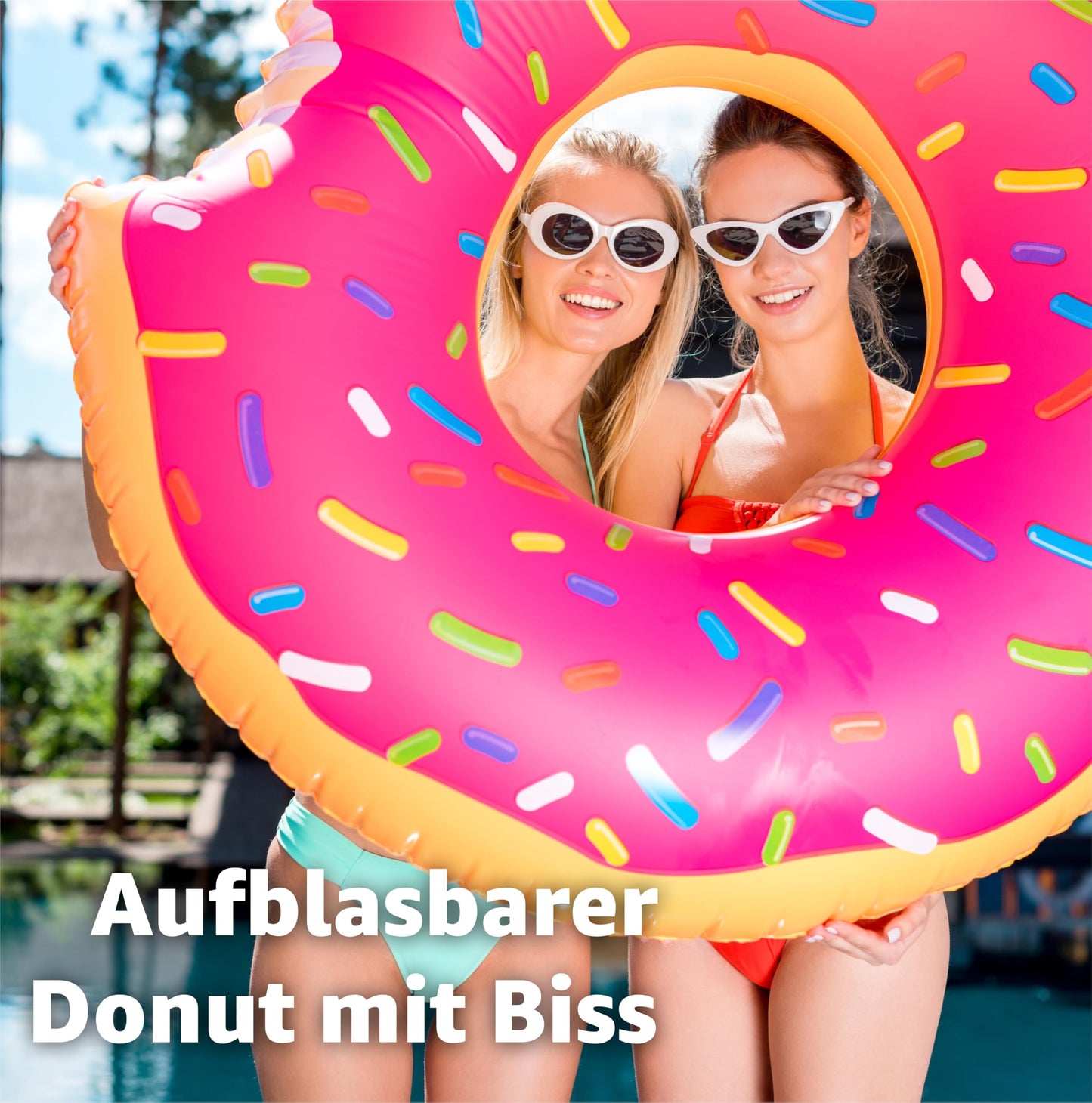 4X XXL Inflatable bitten brown + pink Donut with Bite Swim Ring for Pool, with 4X inflatable drink holders for cocktails, drinks and more.