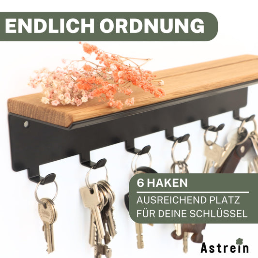 Clean® | Key rack with 6 hooks | Wooden key board | Oak | Wall organizer | Key box | Key holder with shelf | Key storage in black metal | 30x8x8cm