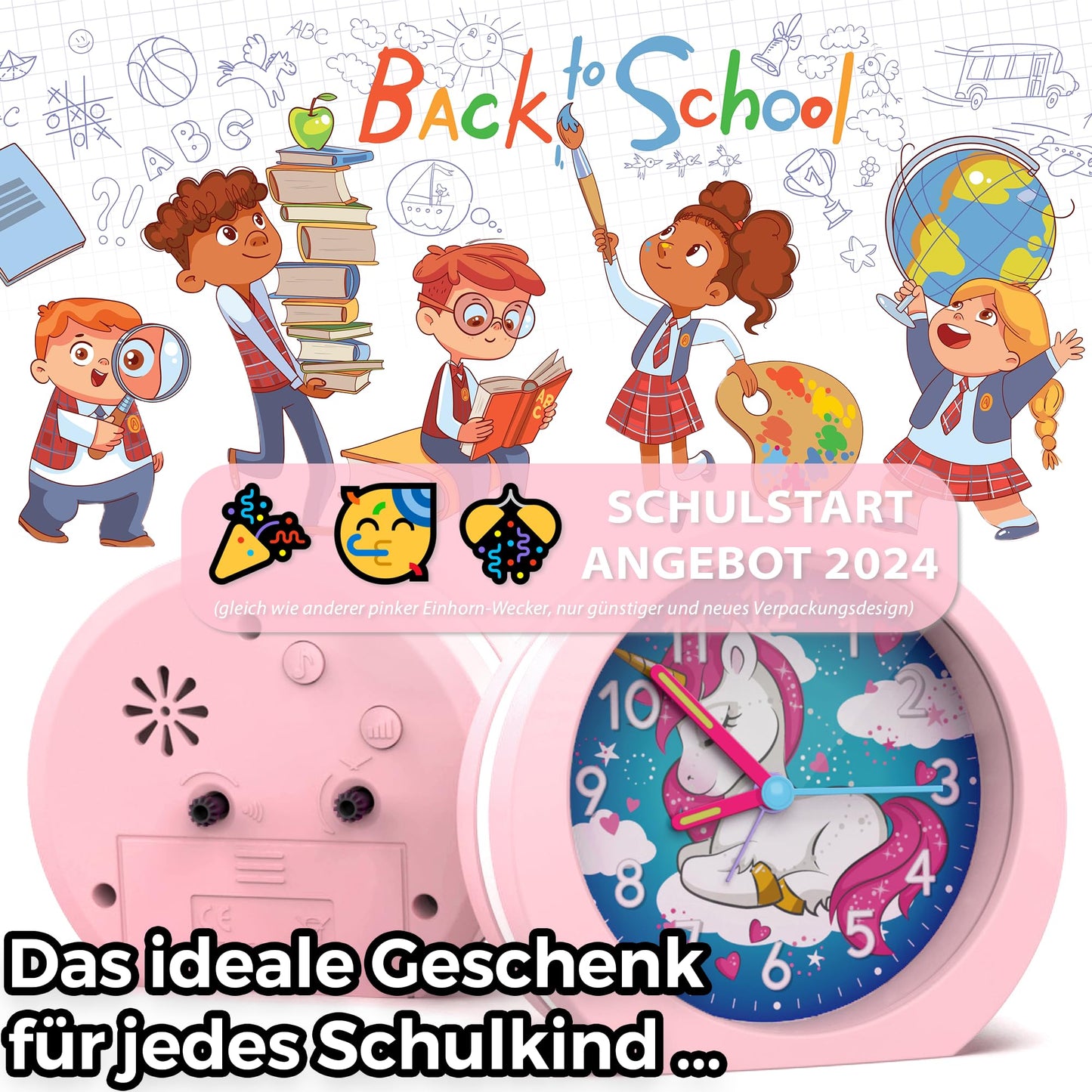 Honey's Heaven kids alarm clock without ticking noise - for boys and girls - learning clock alarm clock children's clock quartz alarm clock snooze analog quartz clock (unicorn pink)