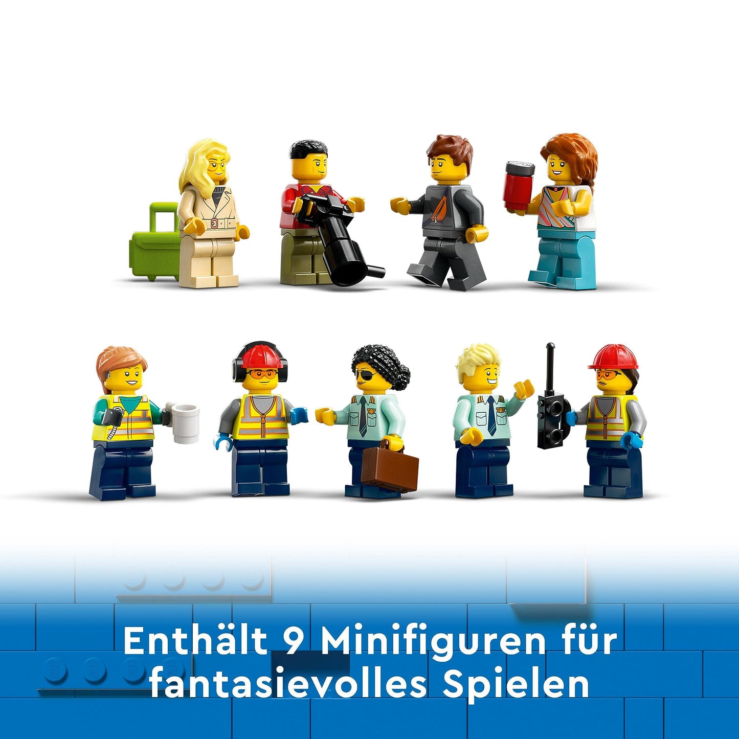LEGO 60367 City Passenger Airplane Toy Set, large airplane model with airport ground vehicles: apron bus, pushback tug, catering loader, baggage cart, and 9 minifigures