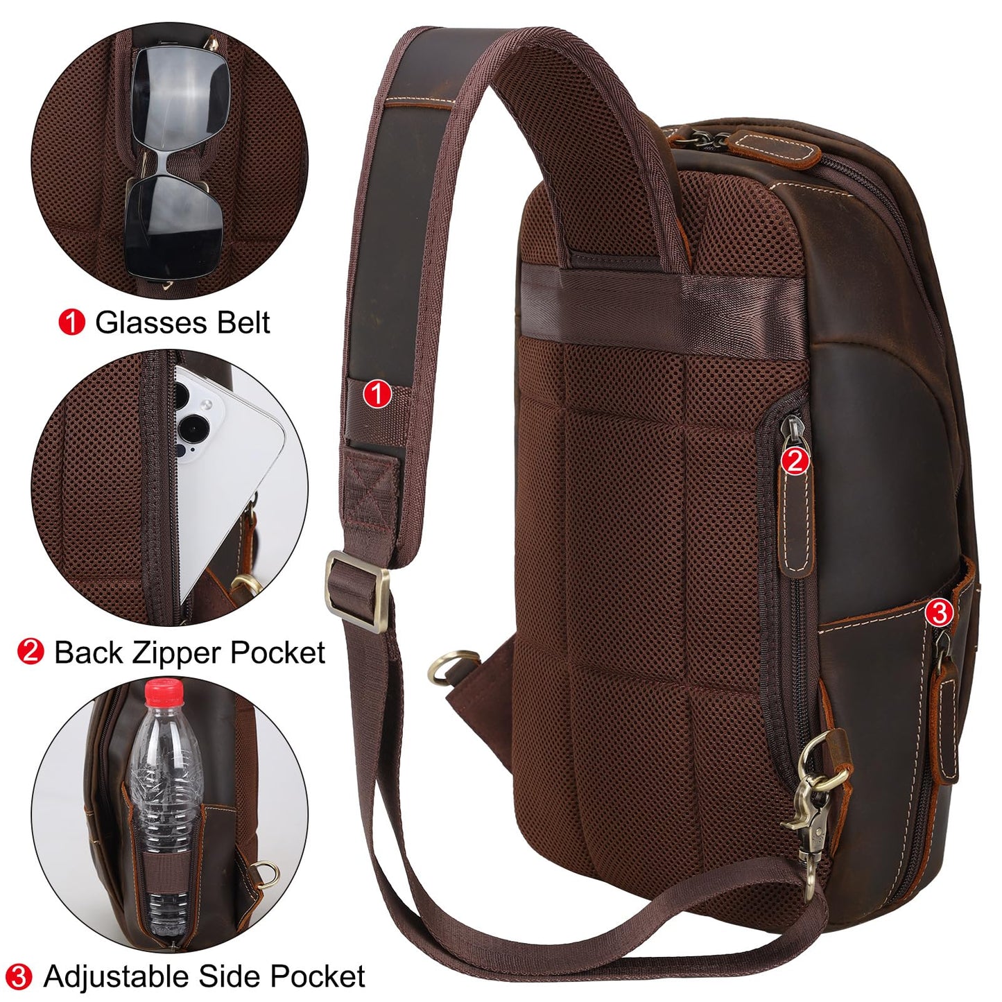 TIDING Men's Small Leather Crossbody Shoulder Bag Sling Bag Chest Bag Anti-Theft Bags for Outdoor, Camping, Travel