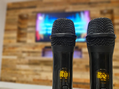 Vocal-Star Karaoke Machine, Soundbar, 250w, 2 wireless UHF microphones, wall mount, 9 RGBW light effects, remote control, HDMI ARC, BT, AUX, Optical.