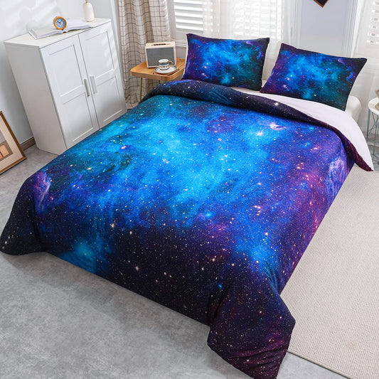 Loussiesd bedding set galaxy starry sky duvet cover set for kids boys girls soft breathable microfiber 135*200cm bed set with zipper and 1 pillowcase 80x80cm.