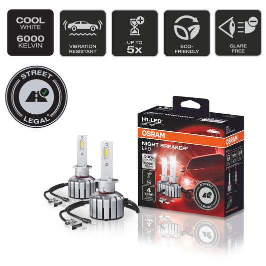 Osram NIGHT BREAKER H1-LED; up to 40% less glare; first road-approved H1 LED retrofit lamp.
