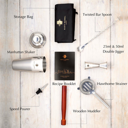 Rusty Barrel Mayfair Cocktail Set - Stainless Steel Cocktail Shaker Set with Bar Accessories | Professional Cocktail Mixing Set in Luxurious Gift Box