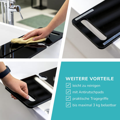 eluno acrylic bathtub caddy with drink holder and tablet slot, approximately 90 cm (black/high gloss)
