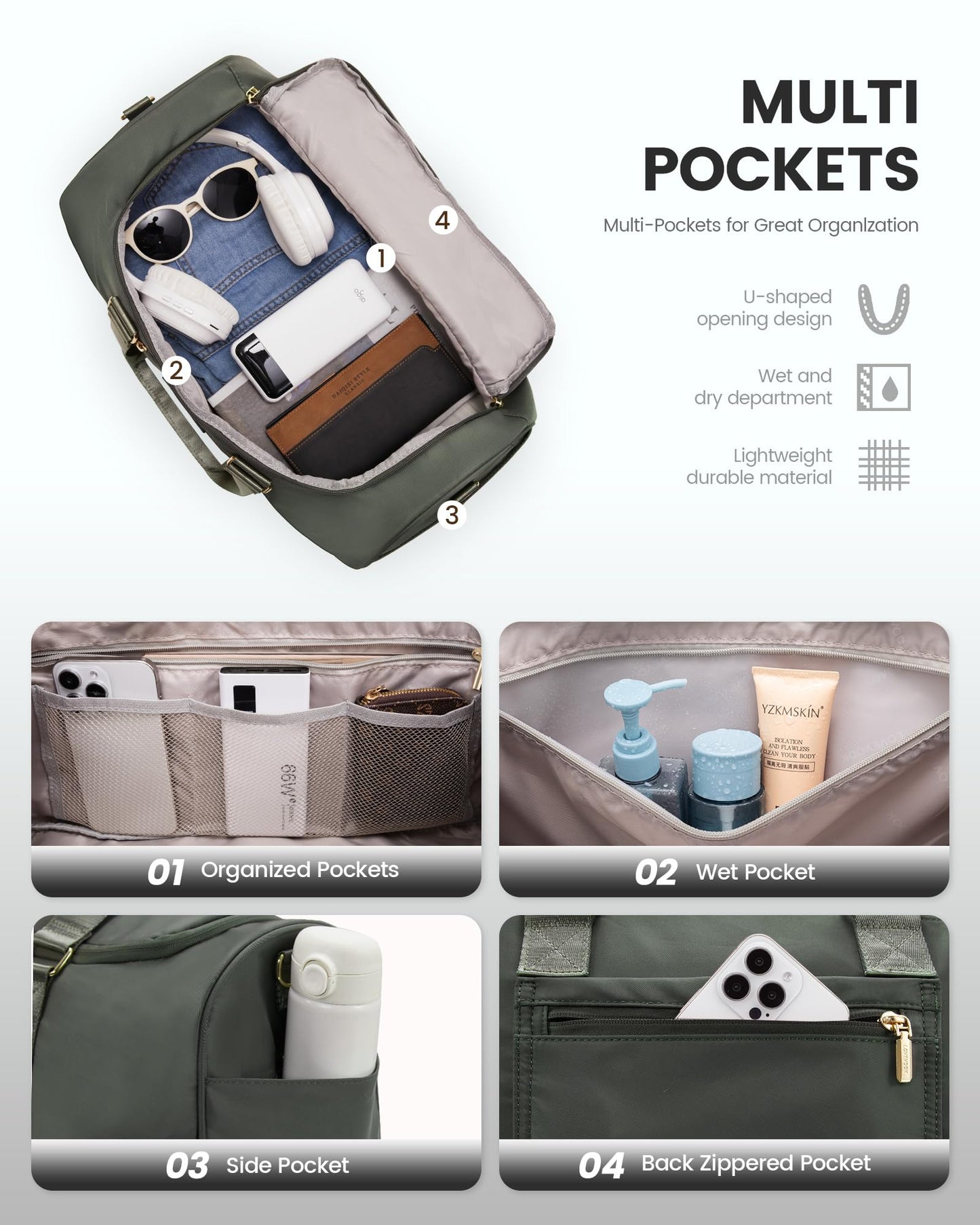 LOVEVOOK sports bag for women, weekender travel bag with toiletry bag, shoe compartment & wet pocket, waterproof beach bag swim bag sauna bag, carry-on bag for sports vacation, green
